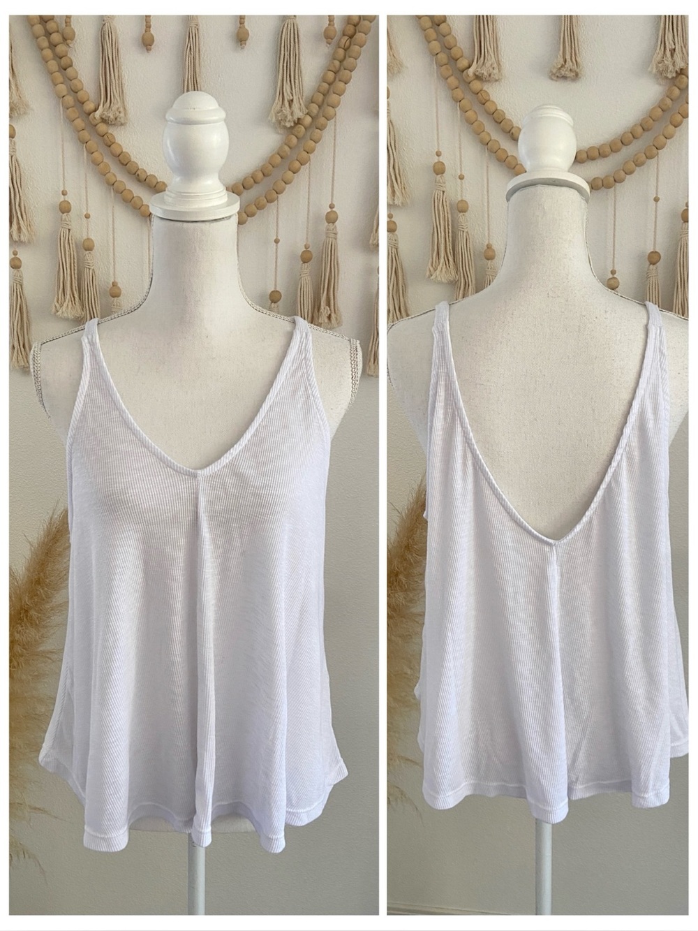 Free People white ribbed v neck tank top swing top deep v back basic medium